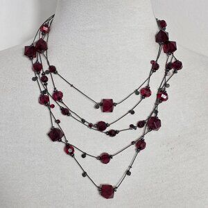 Multi-Strand Tiered Necklace Ruby Red Faceted Beads Gunmetal Gray Chain